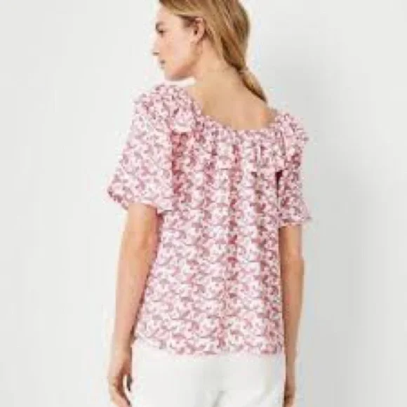 Ann Taylor XXL Ruffle Neck Paisley Blouse Pink Red Short Sleeve Top - Picture 2 of 9